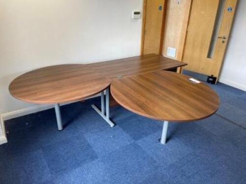 Dark Walnut with Light Grey Framed Supports, Conference Table set to include 1 x Rectangular Table 1400mm (L) x 800mm (W) and 2 x Modular Circular Leaf's 1200mm (D); Please Note This Lot is Located on the First Floor in Doncaster DN9 3FL