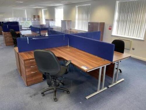 Dark Walnut 4 Sided Island WorkCentre, to Consist of 2 x Left Hand & 2 x Right Hand Desks with Computer Management Apertures 1800mm (L) x 1200mm (W), 4 x Dark Walnut 3 Drawer Desk Height Pedestal Units, 4 x Desk Dividers in Royal Blue Fabric with Addition