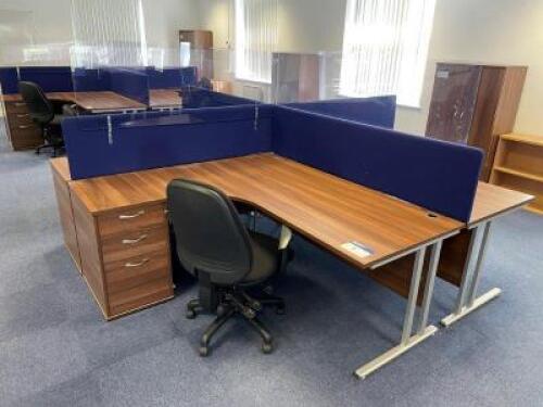 Dark Walnut 4 Sided Island WorkCentre, to Consist of 2 x Left Hand & 2 x Right Hand Desks with Computer Management Apertures 1800mm (L) x 1200mm (W), 4 x Dark Walnut 3 Drawer Desk Height Pedestal Units, 4 x Desk Dividers in Royal Blue Fabric with Addition