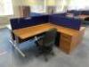 Dark Walnut 4 Sided Island WorkCentre, to Consist of 2 x Left Hand & 2 x Right Hand Desks with Computer Management Apertures 1800mm (L) x 1200mm (W), 4 x Dark Walnut 3 Drawer Desk Height Pedestal Units, 4 x Desk Dividers in Royal Blue Fabric with Addition - 4