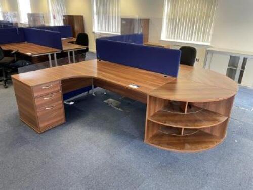 Dark Walnut 2 Sided Island WorkCentre, to Consist of 1 x Left Hand & 1 x Right Hand Desks with Computer Management Apertures 1800mm (L) x 1200mm (W), 2 x Dark Walnut 3 Drawer Desk Height Pedestal Units, 3 x Desk Dividers in Royal Blue Fabric with Addition