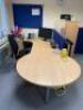 1 x Light Beech Left Hand Workstation 1800mm (L) x 1200mm (W) with 1 x 1200mm Circular Meeting Table, 1 Blue Fabric Desk Divider, 1 x 3 Drawer Desk Height Pedestal Unit, 1 x 2 Door 4 Tier Storage Cupboard 1440mm (H) x 800mm x 470mm (D) , 1 x Black Fabric 