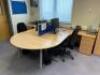 1 x Light Beech Left Hand Workstation and 1 x Right Hand Workstation 1600mm (L) x 1200mm (W) with 2 x 800mm Semi-Circular Extension Meeting Table's, 1 Blue Fabric Desk Divider, 2 x 3 Drawer Desk Height Pedestal Unit, 1 x 2 Door 4 Tier Storage Cupboard 144