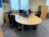 1 x Light Beech Left Hand Workstation and 1 x Right Hand Workstation 1600mm (L) x 1200mm (W) with 2 x 800mm Semi-Circular Extension Meeting Table's, 1 Blue Fabric Desk Divider, 2 x 3 Drawer Desk Height Pedestal Unit, 1 x 2 Door 4 Tier Storage Cupboard 144 - 2