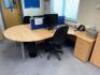 1 x Light Beech Left Hand Workstation and 1 x Right Hand Workstation 1600mm (L) x 1200mm (W) with 2 x 800mm Semi-Circular Extension Meeting Table's, 1 Blue Fabric Desk Divider, 2 x 3 Drawer Desk Height Pedestal Unit, 1 x 2 Door 4 Tier Storage Cupboard 144 - 4