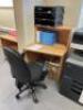 1 x Light Beech Left Hand Workstation 1600mm (L) x 1200mm (W), 1 x 3 Drawer Desk Height Pedestal Unit, 1 x Table and Open Shelf Storage Unit 1125 (H) x 600mm (D) x 800mm (W), 2 x Black Fabric Operators Chair; Please Note This Lot is Located in Thurston Ho - 3