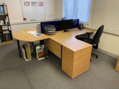 1 x Light Oak Light Hand Workstation and 1 x Right Hand Workstation 1800mm (L) x 1200mm (W), 1 x Blue Fabric/Perspex Desk Divider, 2 x 3 Drawer Desk Height Pedestal Unit, 1 x Semi-Circular Table 1440mm (W) x 800mm (D), 1 x 4 Tier Open Shelf Unit 1600mm (H