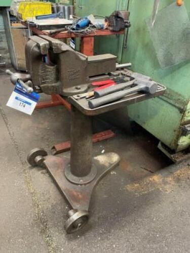 Mobile Cast Pedestal Mounted Engineers 6" Vice with small amount Engineer Tools