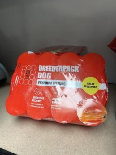 Quantity of Dog Food comprising: 3 packs of 12 x 400g DYLAN Meaty Chunks Variety Pack (3 x Beef, 3 x Chicken, 3 x Lamb & 3 x Rabbit), Best Before: June 2025; 3 packs of 12 x 400g BREEDERPACK Premium Chunks, Best Before: May 2025; 3 packs of 12 x 400g of B