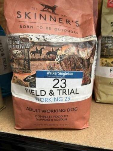 9 x 2.5kgs Bags of SKINNER'S Field & Trial Dog Food comprising: 1 x Light & Senior Working Dog, Best Before: June 2024; 1 x Chicken & Rice Adult Working Dog, Best Before: Aug 2024; 2 x Grain Free Recipe Chicken & Sweet Potato, Best Before: Aug 2023; 2 x P