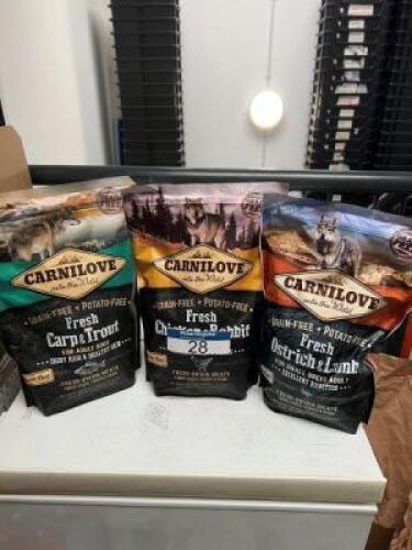 6 x 1.5kgs Bags of CARNILOVE Grain Free Potato Free Dog Food comprising 2 x Ostrich & Lamb for Small Breed Adult, Best Before: Nov 2024; 1 x Chicken & Rabbit for Adult Dogs, Best Before: Dec 2024; & 1 x Carp & Trout for Adult Dogs, Best Before: Nov 2024