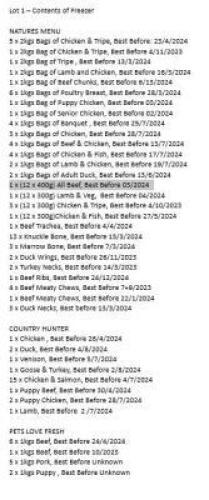 2 x Glass Topped Chest Freezers (1700mm x 800mm x 850mm) & Contents comprising approximately 112 Packs of Frozen Dog Food by NATURES MENU, COUNTRY HUNTER & PETS LOVE FRESH. See attached Jpeg Photo for Stock Schedule