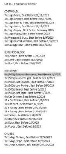 Freezer & Contents comprising Approx. 135 Frozen Dog & Cat Food See attached Jpeg Photo for Stock Schedule