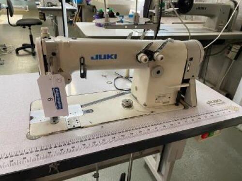 JUKI Model MH-380 Industrial Lockstitch Sewing Machine; Foot Operated Pedals on Mobile Frame; Serial Number: MH00A4844; Table Size: 1060mm (L) x 540mm (W); Includes Operators Chair