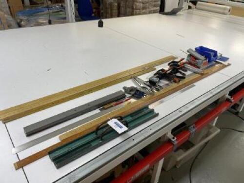 Quantity of Cutter Table Equipment to include 2 x Pairs Tailoring Scissors; Cloth Weights; 2000mm (L) Wooden and Steel Rulers; Roughneck Quick Clamps; Chain Mail Cutting Gloves; Knives and Blades