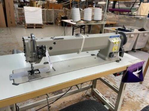 HIGHLEAD Model GC20698-2; 2-Needle Long Arm Heavy Duty Flat Bed Walking Foot; Lockstitch Sewing Machine; Foot Operated Pedals on Pedestal Frame; Serial Number: 4043034; Table Size: 1600mm (L) x 600mm (W) Includes Operators Chair