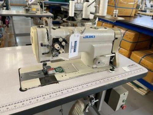 JUKI Model LH-3178 Twin Needle Industrial Lockstitch Sewing Machine; Foot Operated Pedals on Mobile Frame; Serial Number: LH0AB04453; Table Size: 10600mm (L) x 600mm (W) includes Operators Chair
