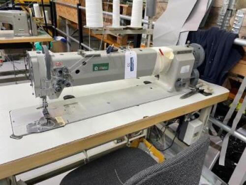 HIGHLEAD Model GC20698-2 Twin Needle Long Arm Heavy Duty Walking Foot; Lockstitch Sewing Machine; Foot Operated Pedals on Pedestal Frame; Serial Number: 7011914; Table Size: 1600mm (L) x 540mm (W) includes Operators Chair