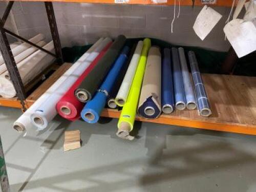 Quantity of PVC-CF Reinforced Remnants Rolls to Bay 5 Tier 1 & 3 to include; Various PVC Colours to include; Green; Fluorescent Green; Brown and Natural; Beige and Blue