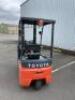 TOYOTO TRAIGO 24/15 TRIAXLE Electric Counter Balance 1500kg Capacity Forklift, Model 7FBEST15; Solid Tyres, 2 Piece 3700mm Max Lift Height Mast, Side Shift, Fork Lengths 1000mm (L) x 100mm (W); LOLER Test Expired 06/2024; Serial Number 7FBREST150-13703; I - 12