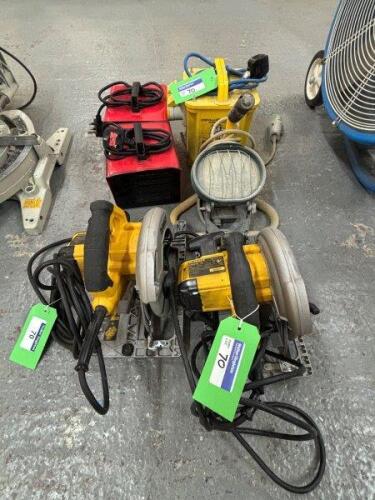 Various Site Tools to include 2 DEWALT DWE576 190mm Rip Saws; 2 x 2000w Heaters (240v); RED EYE 3.3Kva Transformer (2 x 16amp 100v Outlet) and 110v Site Light