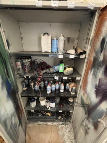 2 Door Storage Cabinet and Contents to Include Aerosol Paints; SILVERLINE 150mm Diameter Buffer 240v; Air Line and Quantity of Spraying Equipment