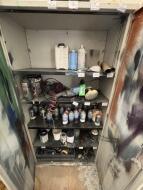 2 Door Storage Cabinet and Contents to Include Aerosol Paints; SILVERLINE 150mm Diameter Buffer 240v; Air Line and Quantity of Spraying Equipment