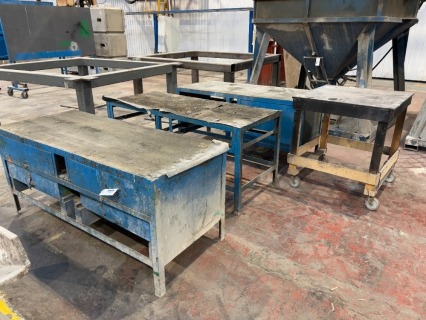 3 x Heavy Duty Steel Work Benches and 1 x Mobile In House Manufactured Timber work bench