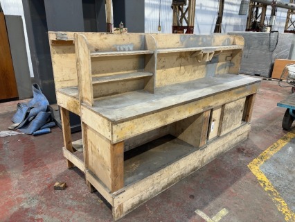 2 x Timber Work Benches With Tool Shelving and Cupboards