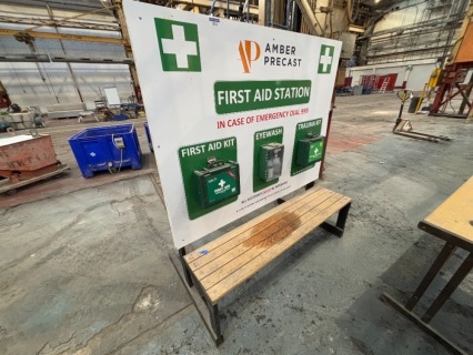 1 x Heavy Duty Shop Floor First Aid Station and Bench To Include 1 x Eye wash Station, 1 x First aid Kit and 1 x Trauma Kit