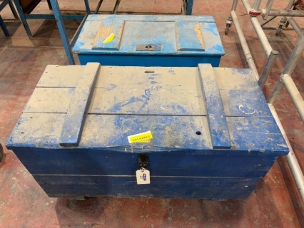 2 x Heavy Duty Timber Tool Chests and Contents: To Include: Various Heavy Duty Iron Mongery, Straps, Dolly Wheels, Letter Punch Sets, and Other