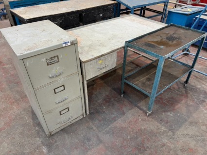 1 x Metal Framed Work Station, To Include: 1 x Mobile Tool Trolley and 1 x 3 Drawer Steel Filing Cabinet