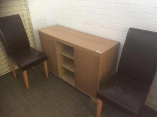 1200mm Light Oak Low Double Door Cabinet, 2 Red Leather Chairs and a 3 Shelf Bookcase