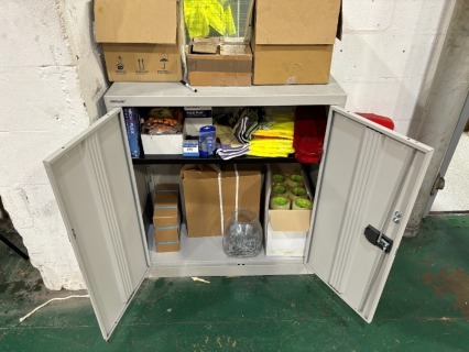 Double Door Cabinet and Contents to include PPE, Pallet Banding and Clips, Sellotape, Galvanised Nails and Trimming Blades