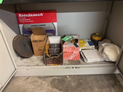 Entire Contents of Shelve to include Metal Grinding, Polishing & Preparation Discs, Pads and Mops, Wire Brushes and a ROTABROACH 355mm Cutting Blade