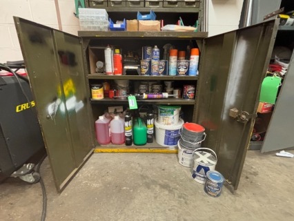 Cabinet and Contents to include Various Solvents, Metal Paints, Expanding Foam, Red Oxide Paint, Scale Breaker, High Temperature Grease, etc. (see Description and Photographs for further Information)