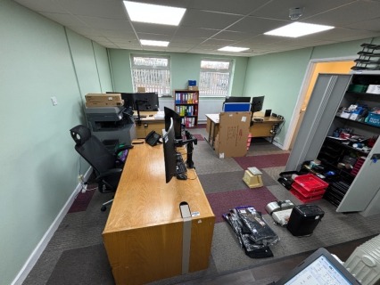 Office Furniture to Room comprising 2 x Curved Desks, Office Desk, 3 x Three Drawer Pedestals and 3 x Various Black Office Armchairs (see Description and Photographs for further Information)