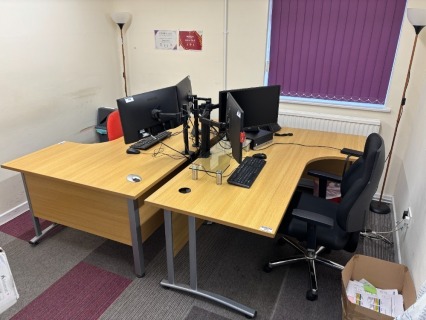 Office Furniture to Room comprising 2 x Curved Desks, Three Drawer Pedestal, BISLEY Double Door Cabinet, 2 x Office Chairs and Coat and Umbrella Stand (see Description and Photographs for further Information)