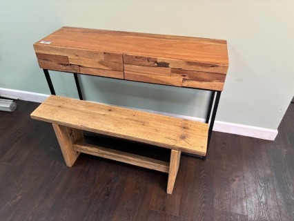 Wooden Bench and Two Drawer Reception Table and Framed Feature Lamp