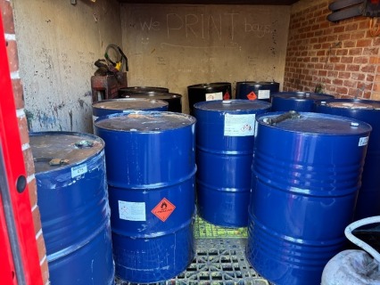 Contents to COSHH Store Number 1 to include 9 x 205 litres, 7 x IDA90/NPA10 contains Methanol, 1 x METHOXY PRPANOL and 1 x PROPYL ACETATE