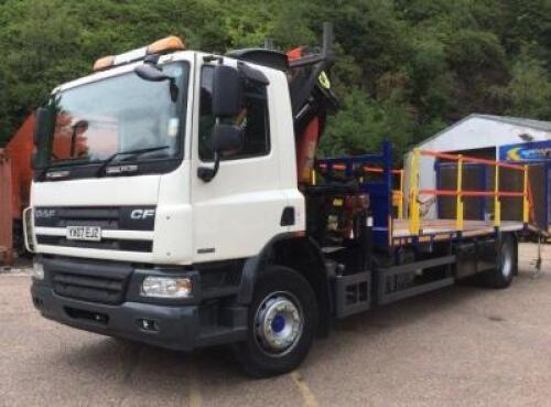 DAF FA CF65.250E 4x2 Beavertail with PALFINGER 19000 Loader Crane, Flip Over Ramps, Fall Straps & Beacons; VRM: YX07EJZ; Odometer Reading: 344,000; Date of Registration: 01 June 2007; MOT Expires: June 2019