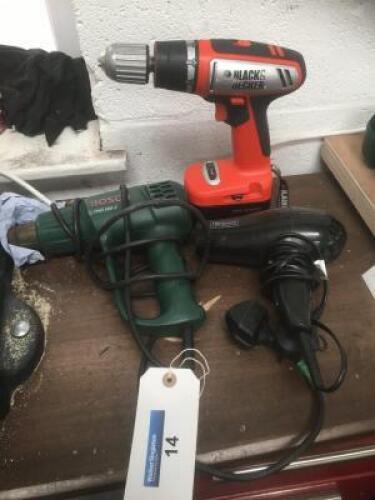 BLACK AND DECKER 14.4v Drill with Battery (no Charger), BOSCH PHG500-2 Hot Air Gun and TRESEMME Hair Dryer