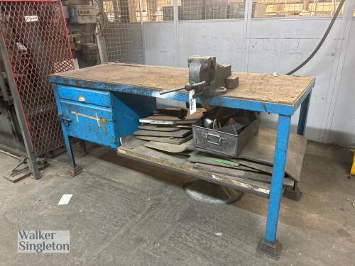1.8m x 0.7m steel work bench with drawer, cupboard & wooden engineers vice