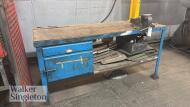 1.8m x 0.7m steel work bench with drawer, cupboard & wooden engineers vice - 2