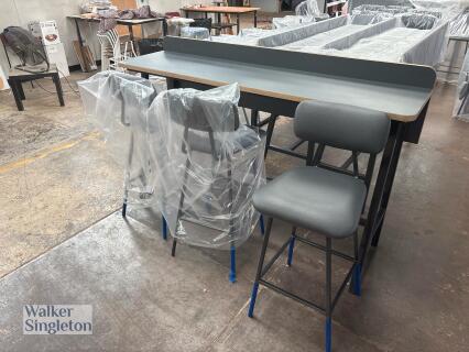 Grey tall breakfast bar on black frame (1.8m H x 0.4 W) with 3 x matching tall stools