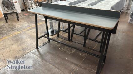 Grey tall breakfast bar on black frame (1.8m H x 0.4 W) with 3 x matching tall stools