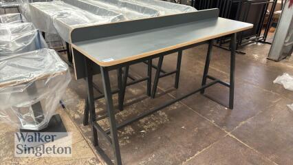 Grey tall breakfast bar on black frame (1.8m H x 0.4 W) with 3 x matching tall stools