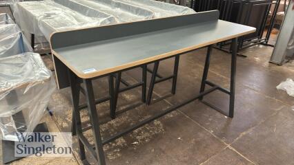 Grey tall breakfast bar on black frame (1.8m H x 0.4 W) with 3 x matching tall stools