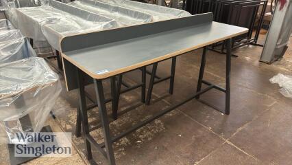 Grey tall breakfast bar on black frame (1.8m H x 0.4 W) with 3 x matching tall stools