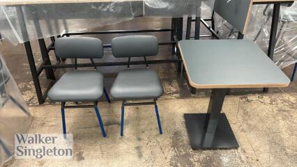 Grey table on black frame (0.6m x 0.6m) with 2 x matching chairs